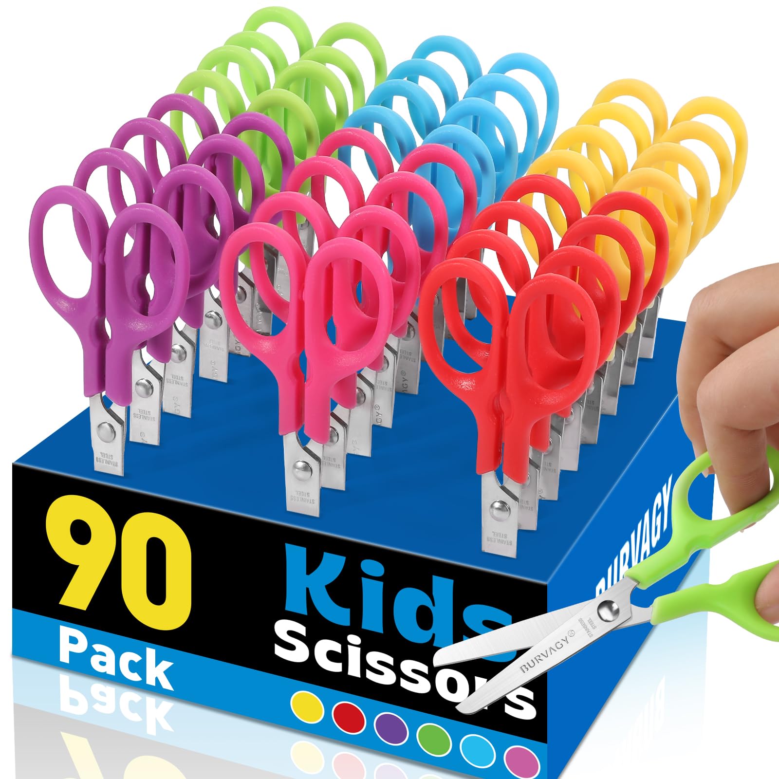BURVAGY 90Pack 5" Small School Student Blunt Kids Craft Scissors, Sharp Stainless Steel Blades Safety Toddler Kid Child Comfort Grip Scissors Bulk for