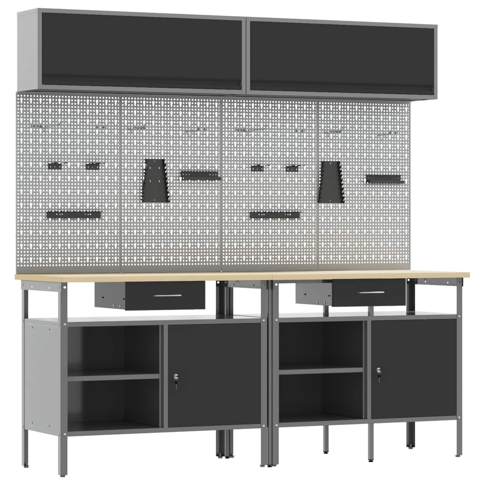 Lot de 8 bancs de travail en acier revêtu par pulvérisation noir et gris avec étagères et tiroirs en métal, idéal pour atelier, garage, salle de loisirs