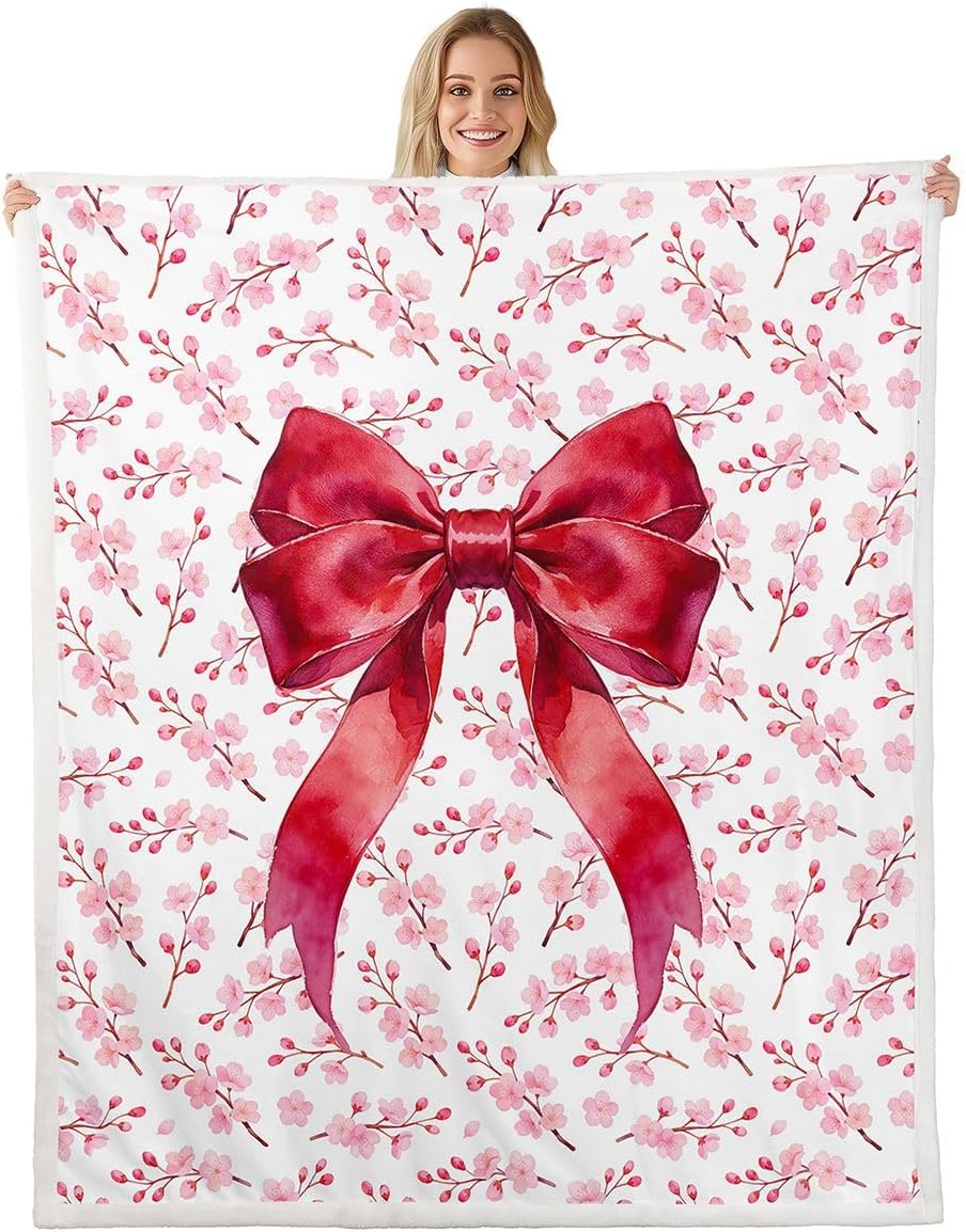 Feelyou Bow Sherpa Blanket Plush Fuzzy Pink Bowknot Floral Fleece Throw Blanket Boys Girls Cherry Blossom for Bed Couch Chair Living Room Sakura Flower Bedroom Decor 40"x50"
