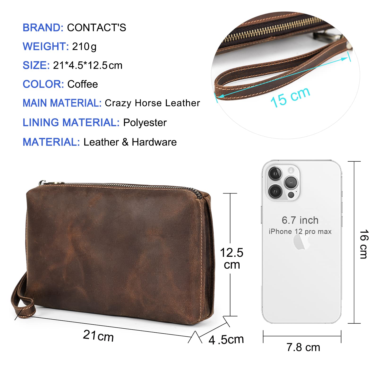 CONTACTS Bolso de mano de cuero genuino para hombre con correa de muñeca, cartera de pasaporte con cremallera y bolsillo con cremallera, bolsa de mano de gran capacidad para hombre vintage