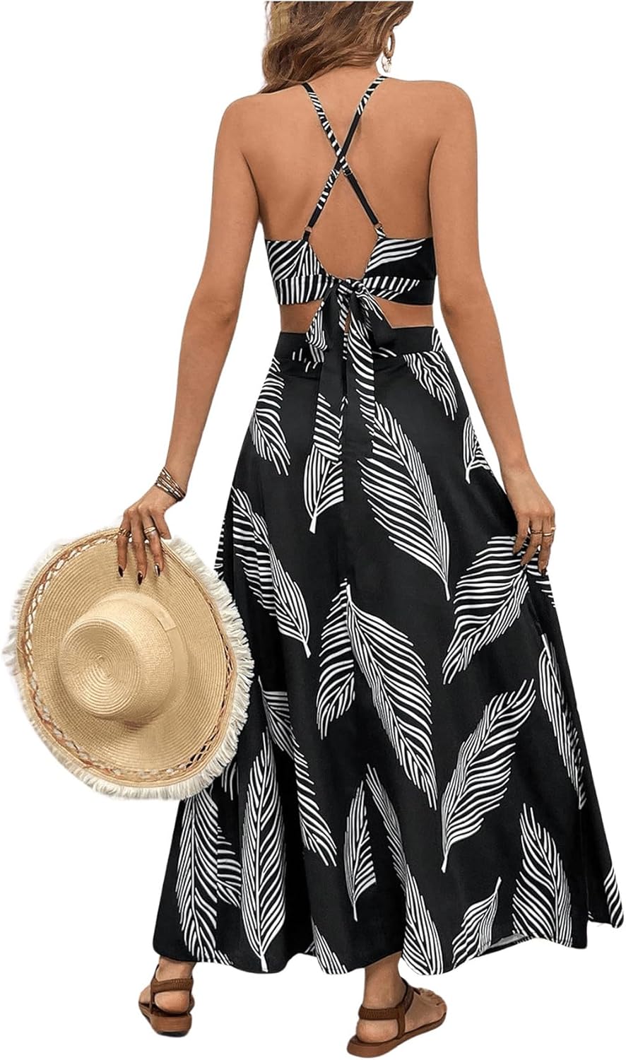 Women's 2 Piece Outfits Tropical Print Beach Outfits Tie Cami Crop Top and Split Maxi Skirt Sets Vacation Resort Wear - Image 2