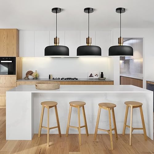 Miniatura 6 de Lámpara colgante negra moderna de 11.6 pulgadas, lámpara colgante grande para isla de cocina, madera maciza con pantalla martillada, lámpara de