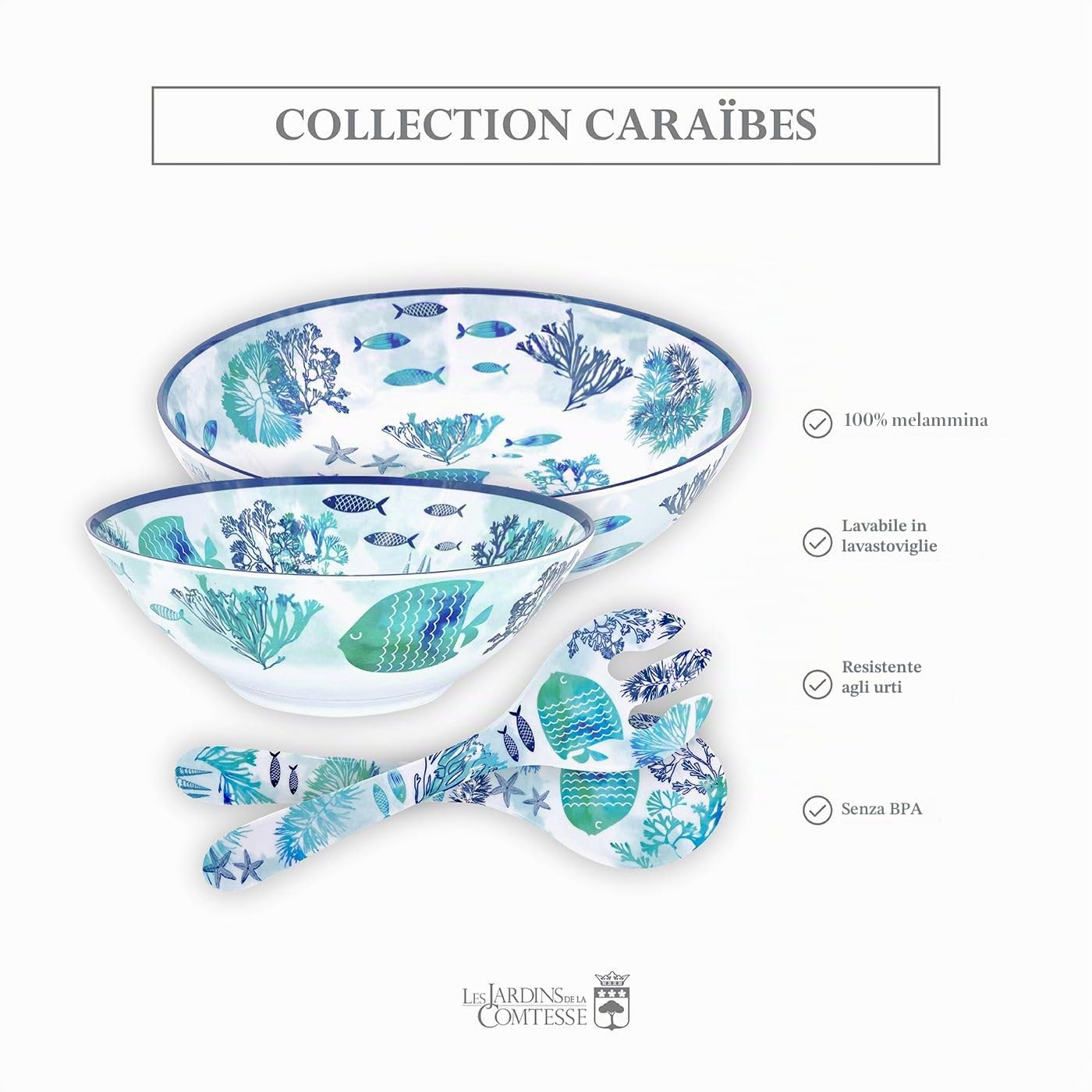Les Jardins de la Comtesse - Insalatiera grande in melamina - Caraibi - 4L / Ø 31 cm - Blu mare e Pesci - Servizio da tavola quasi indistruttibile MelARTmine