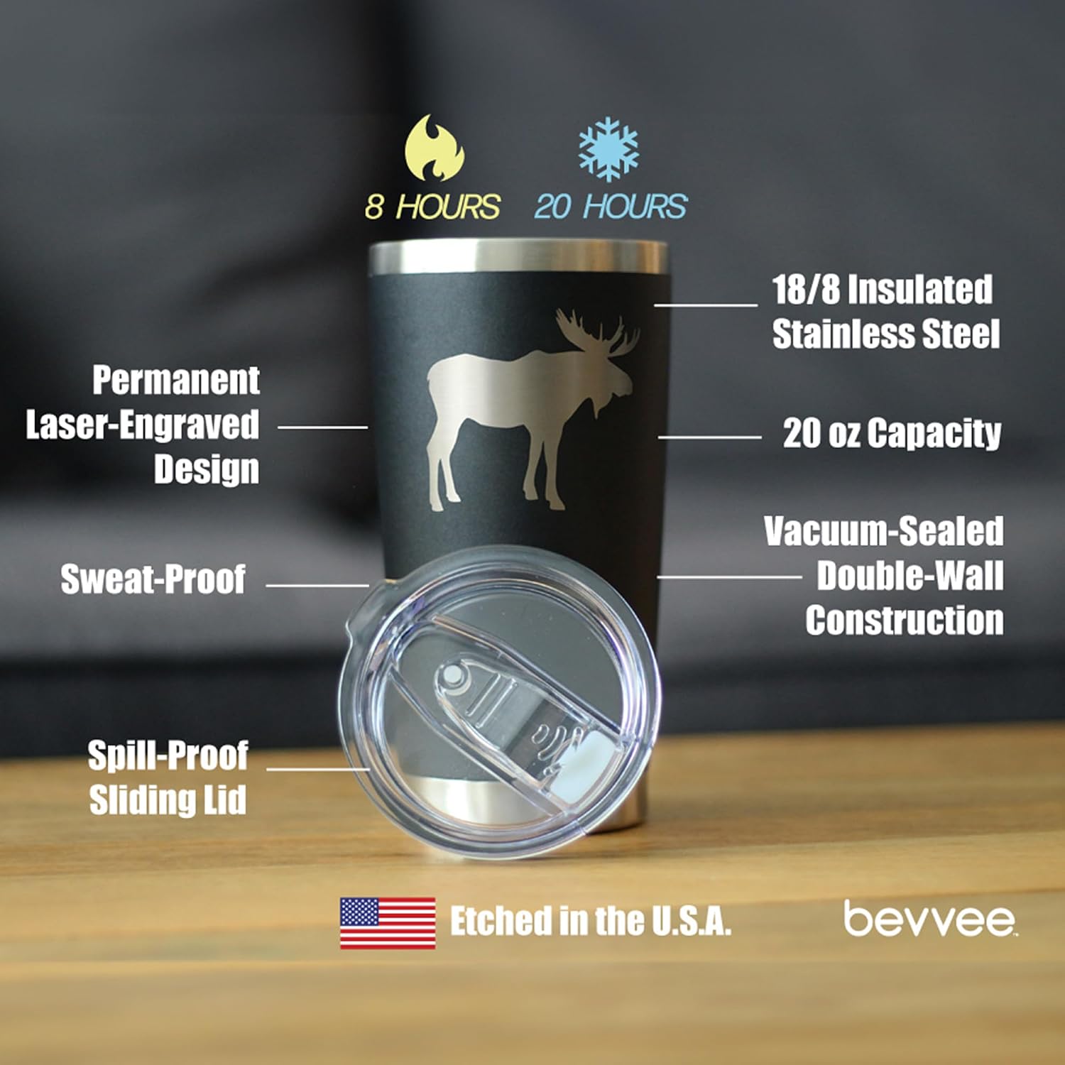 Custom Moose Silhouette - Personalized Insulated Coffee Tumbler Cup with Sliding Lid - Stainless Steel Travel Mug - Outdoor Camping Gift for Women and Men