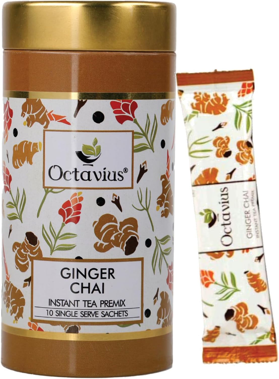 Octavius Ginger/Adrak Chai Premix Tea | On the Go Instant Premix Tea |Ready to use Milk Tea| Ready Tea | 1Min Tea|Instant Tea| Adrak Wali Chai | Flavour Tea | Tin Pack -10 Sachets (15G X 10 Sachets)