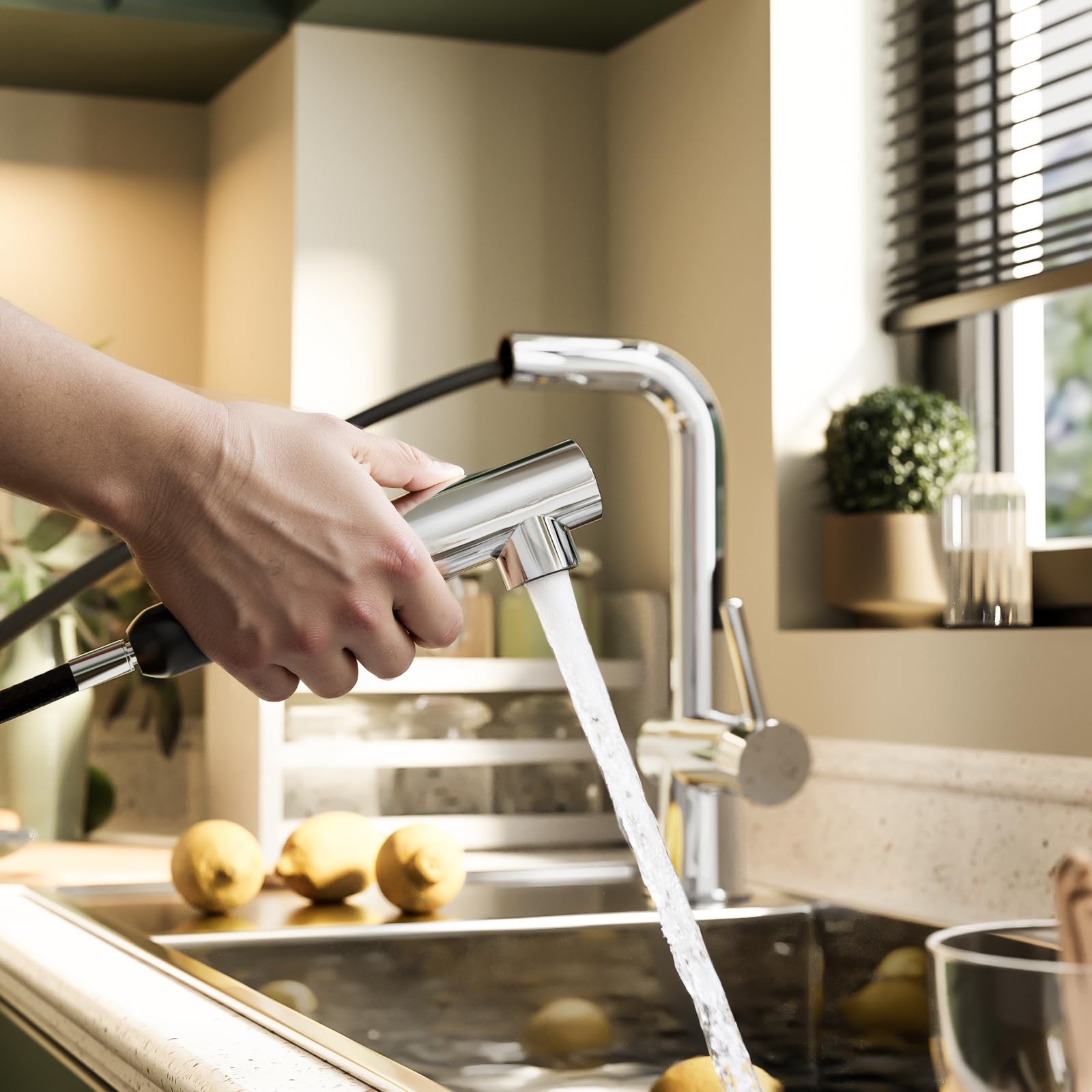 Cobbe Hochdruck Wasserhahn Küche, Küchenarmatur Ausziehbar mit Brause, Spültischarmatur Küche, Armatur Küche 360° Schwenkbar, Mischbatterie Küche Edelstahl (Chrom)
