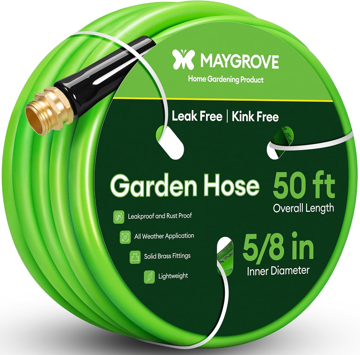 Manguera de jardín de 50 pies, ID de 5/8 pulgadas, manguera de agua resistente, a prueba de fugas, resistente a torceduras con accesorios giratorios de latón, clasificación de explosión de 600 PSI, ideal para lavado de autos y riego de césped
