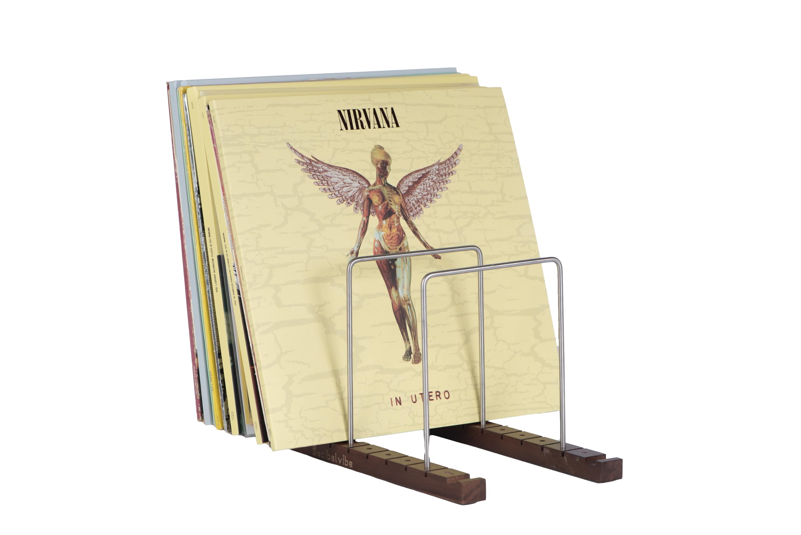 Decibelvibe Vinyl Record Storage and Record Player Stand, Now Playing Display with Stainless Steel and Solid Walnut Wood Premium Design, Up to 75 Vinyl records, for Living Room or Hifi Room