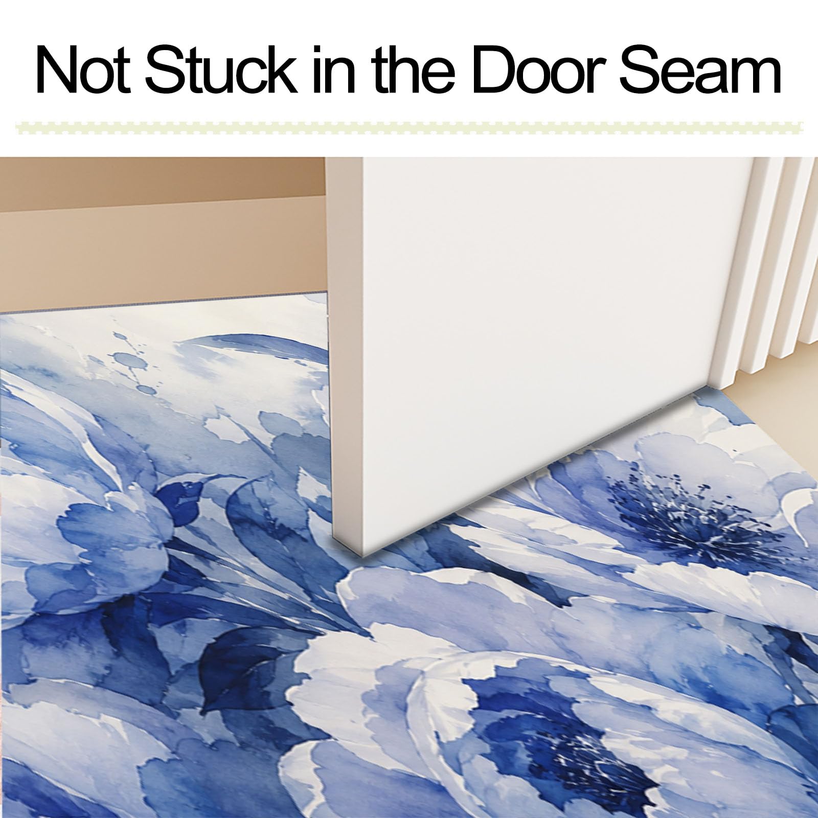 60X90Cm Zerbino Ingresso Interno Antiscivolo Assorbente, Tappeto Microfibra Sottile Lavabile Con Peonia Acquerello Sfumato Piante Della Tranquillità Orientale Per Cucina Bagno Porta Animali, Indaco