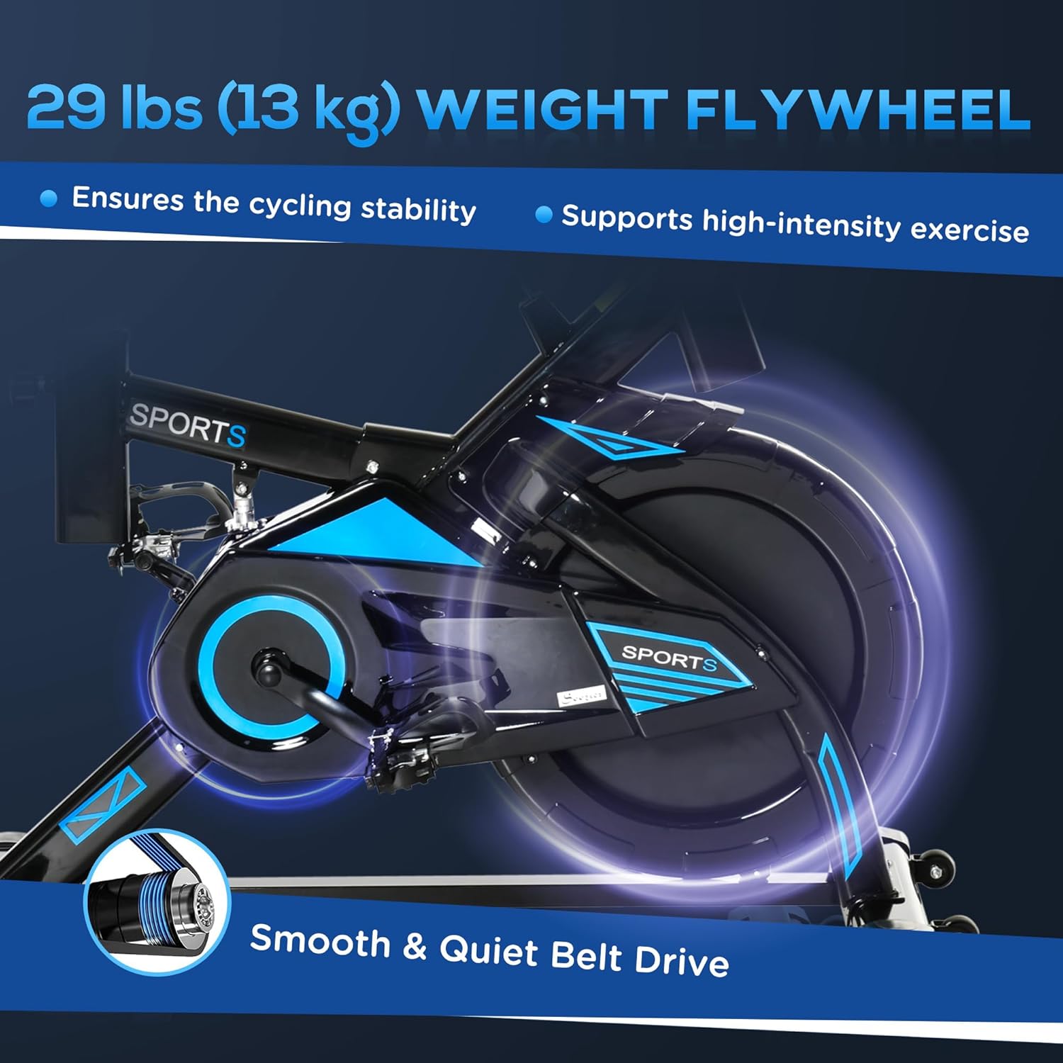 29 lbs (13 kg) flywheel and belt drive system