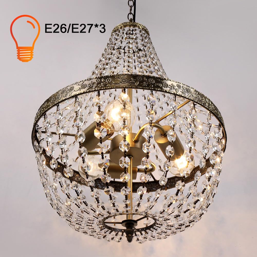FIRVRE Kristall Kronleuchter 3-Light, Vintage Pendelleuchte Höhenverstellbar, 3 Flammige E27 mit Verstellbarer Kette für Esszimmer, Wohnzimmer, Schlafzimmer