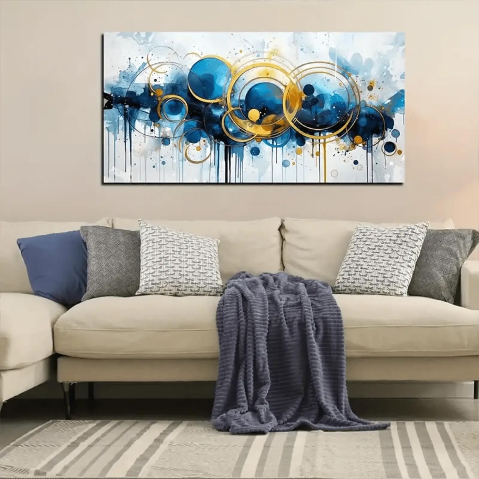 XBTYKPB Cuadro circular abstracto azul para pared - Decoración de pared para dormitorio - Cuadros para sala de estar - Cuadros y carteles de pared con marco de 55 x 110