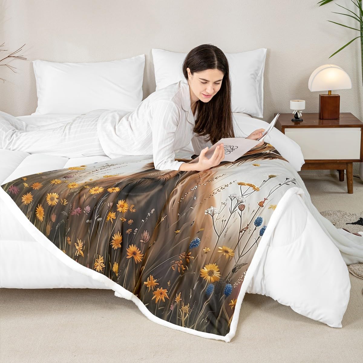 Homewish Highland-Rinder Teenager Fleecedecke 150x200cm Highland-Kuh Kuscheldecke für Kinder,Landwirtschaftliches Bauerntier Decke Floral Longhorn Bull Bett Sofa Couch Dekorative Decken