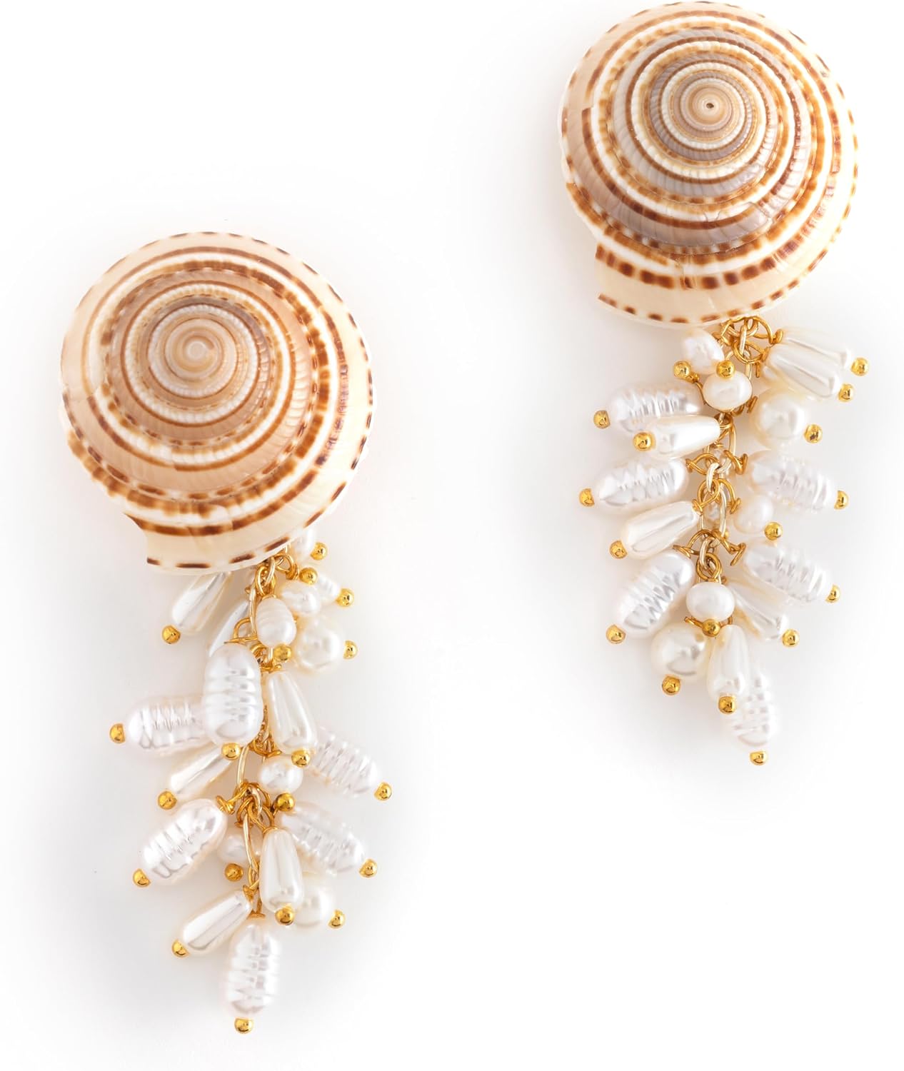 Dramatic Sea Shell and Simulated Freshwater Pearl Cluster Drop Earrings