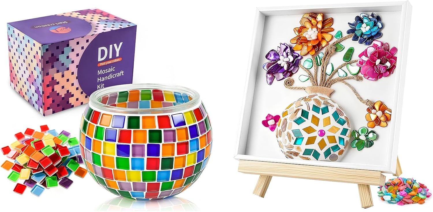 Joyclub Bundle of DIY Mosaic Candle Holder Kit and DIY Vase Mosaic Painting Kit for Home Lighting Decor Girls Birthday Craft Gifts