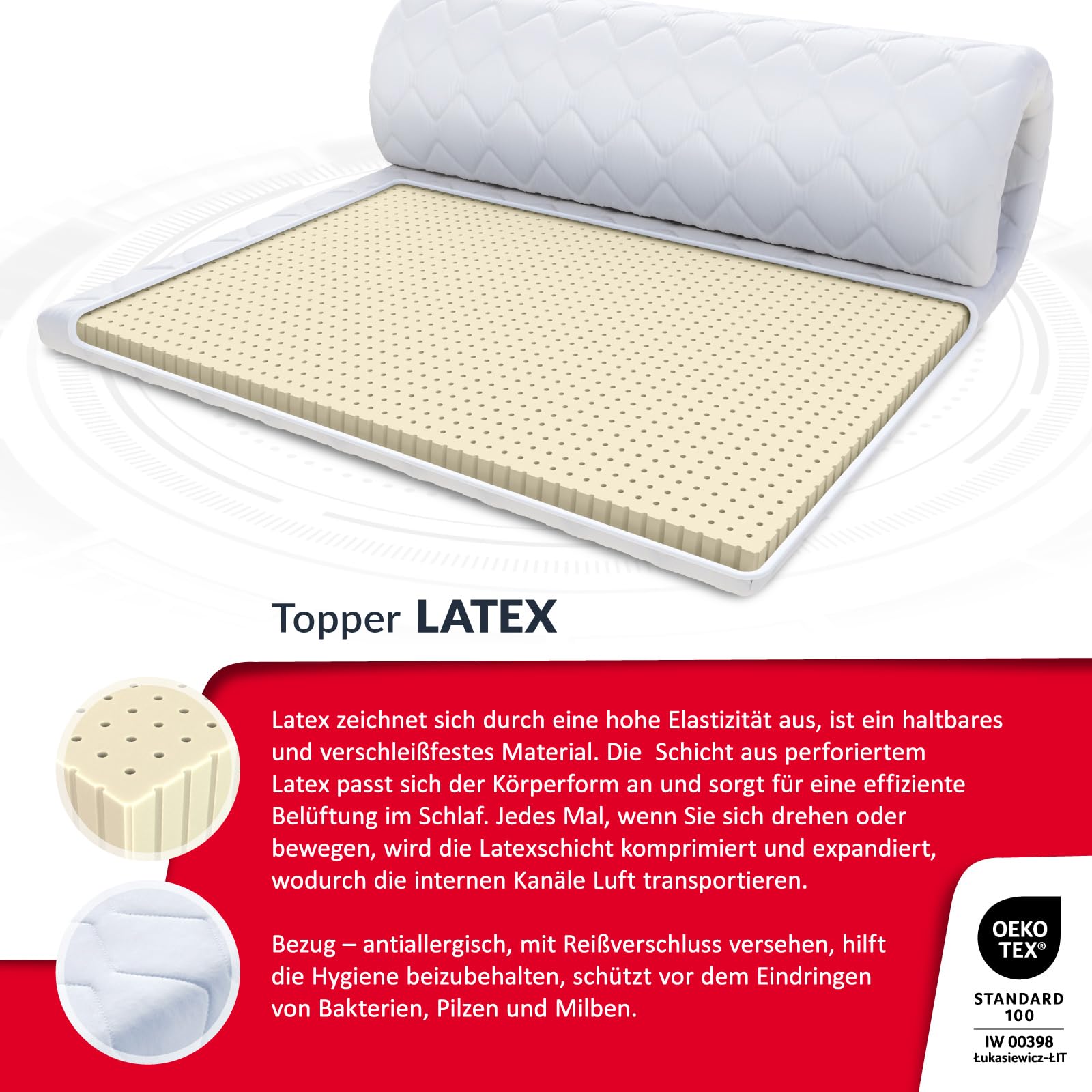 FDM Coprimaterasso in lattice MAX, 100 x 200 cm, grado di durezza H3, altezza circa 4 cm, adatto per chi soffre di allergie, colore: bianco Öko-Tex