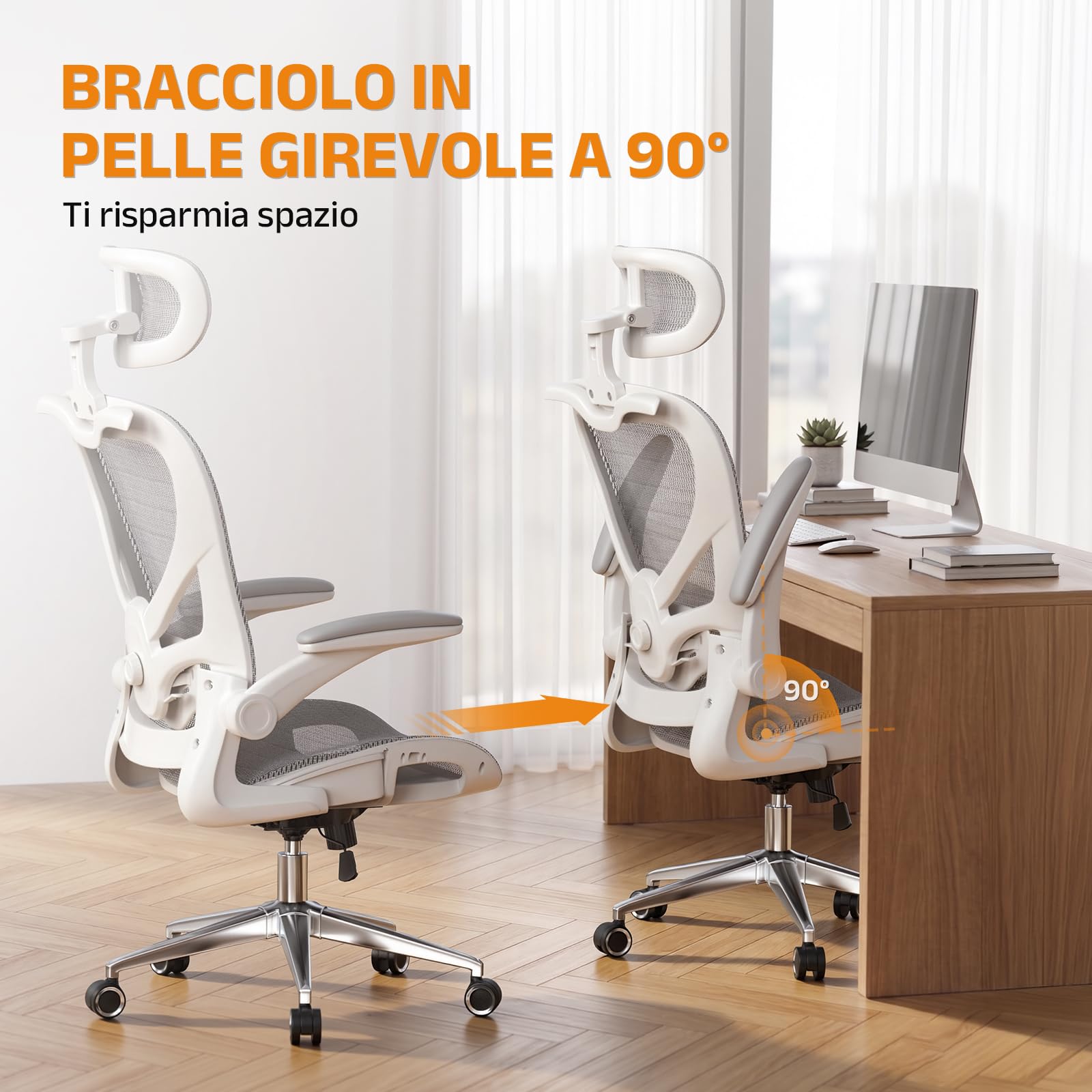 naspaluro Sedia da Ufficio Ergonomica, Supporto Lombare Regolabile, Grigio | sedia da scrivania Cuscino testa regolabile 3D, Inclinazione 90-130°, Sedia da Computer Girevole Confort per Casa e Ufficio
