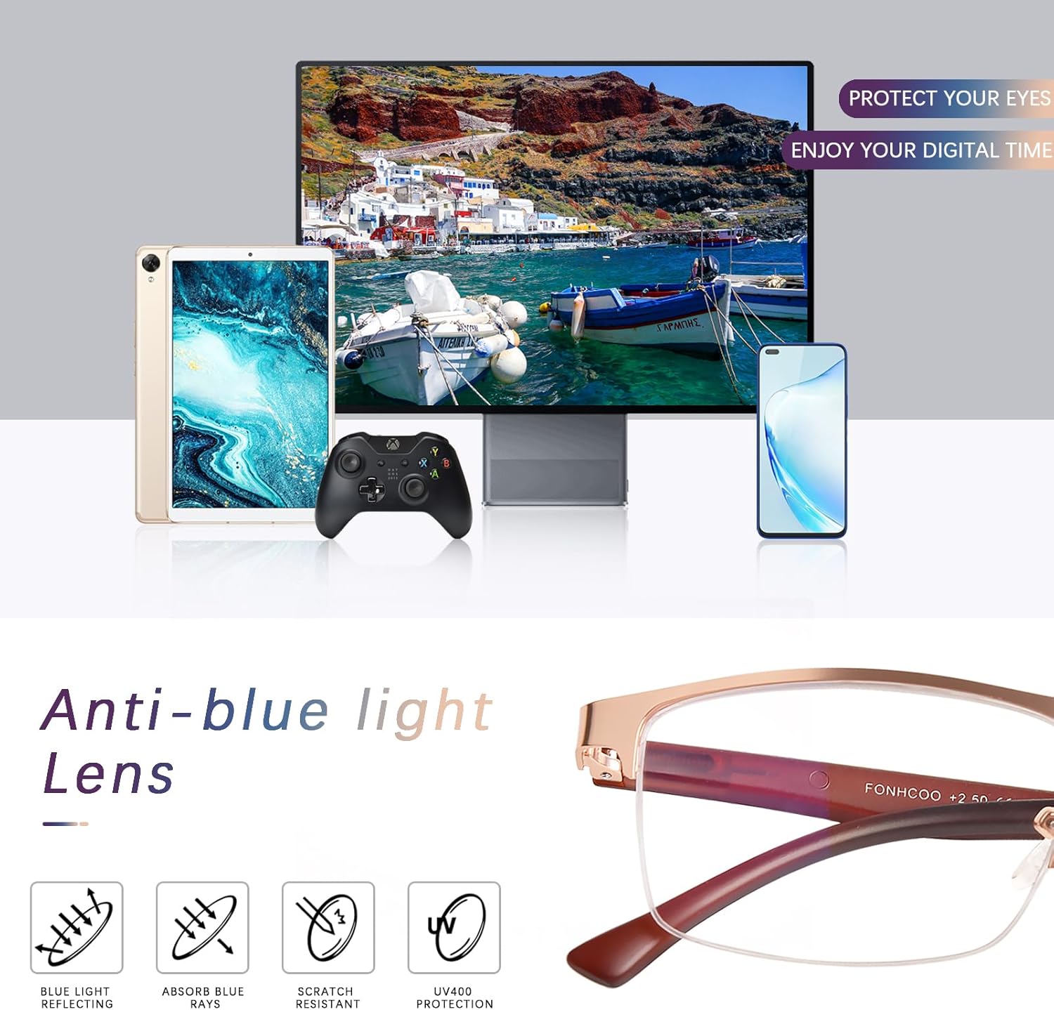FONHCOO Reading Glasses for Women Men, Blue Light Blocking Reading Glasses Metal Half Frame Computer Readers