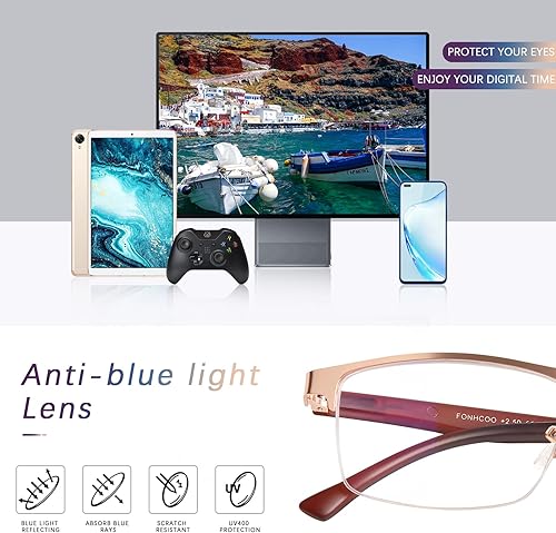 Miniatura 5 de FONHCOO Lentes de lectura para mujeres y hombres, con bloqueo de luz azul, lentes de lectura de metal con medio marco para computadora para lectura