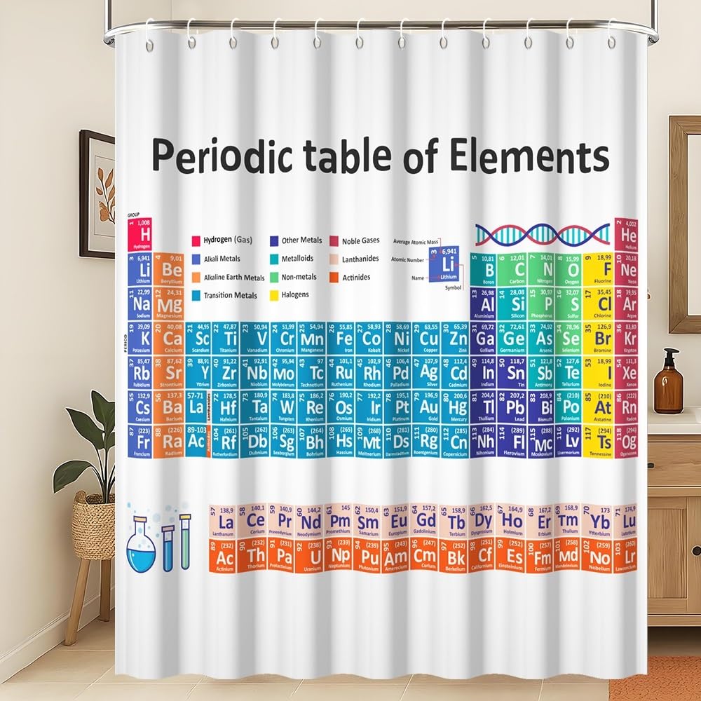 Rideau de douche tableau périodique hydrofuge et lavable grand format 180x240cm blanc
