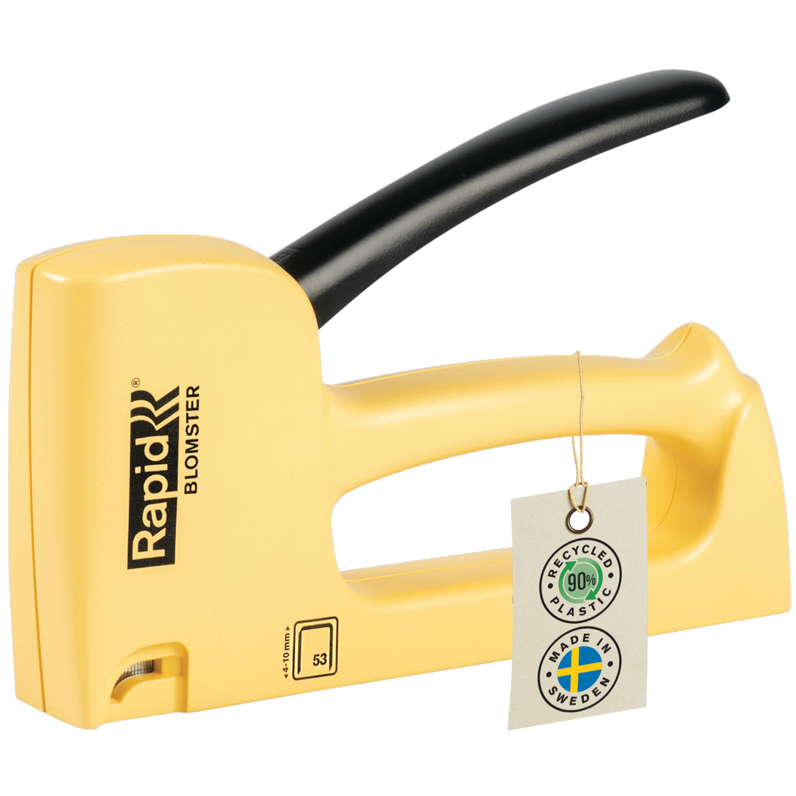Rapid Blomster R53 Staple Gun Yellow - Casing Crafted With 90% Recycled Plastics, Made In Sweden, Upholstery Staple Gun With All-Steel Wear Parts Inside, For No.53 Staples 4-10Mm