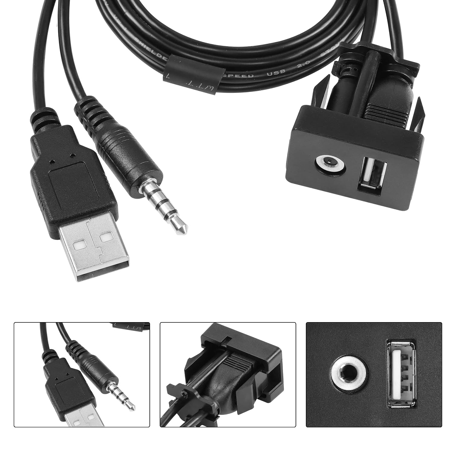 YACSEJAO Flush Mount Cable USB 2.0+3.5 mm AUX Extension Dash Panel Mount Cable for Car, Boat and Motorcycle, 1M/3.3Ft image 3