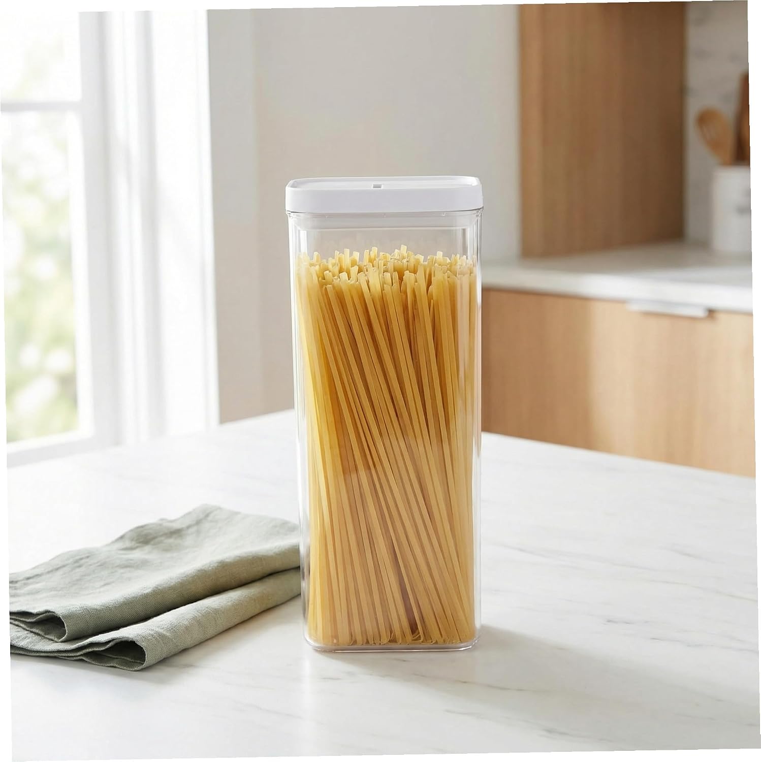 Airtight Pasta Container 1800ml Large Noodle Storage Canister with White Lid Reusable Spaghetti Keeper for Kitchen Pantry Organization