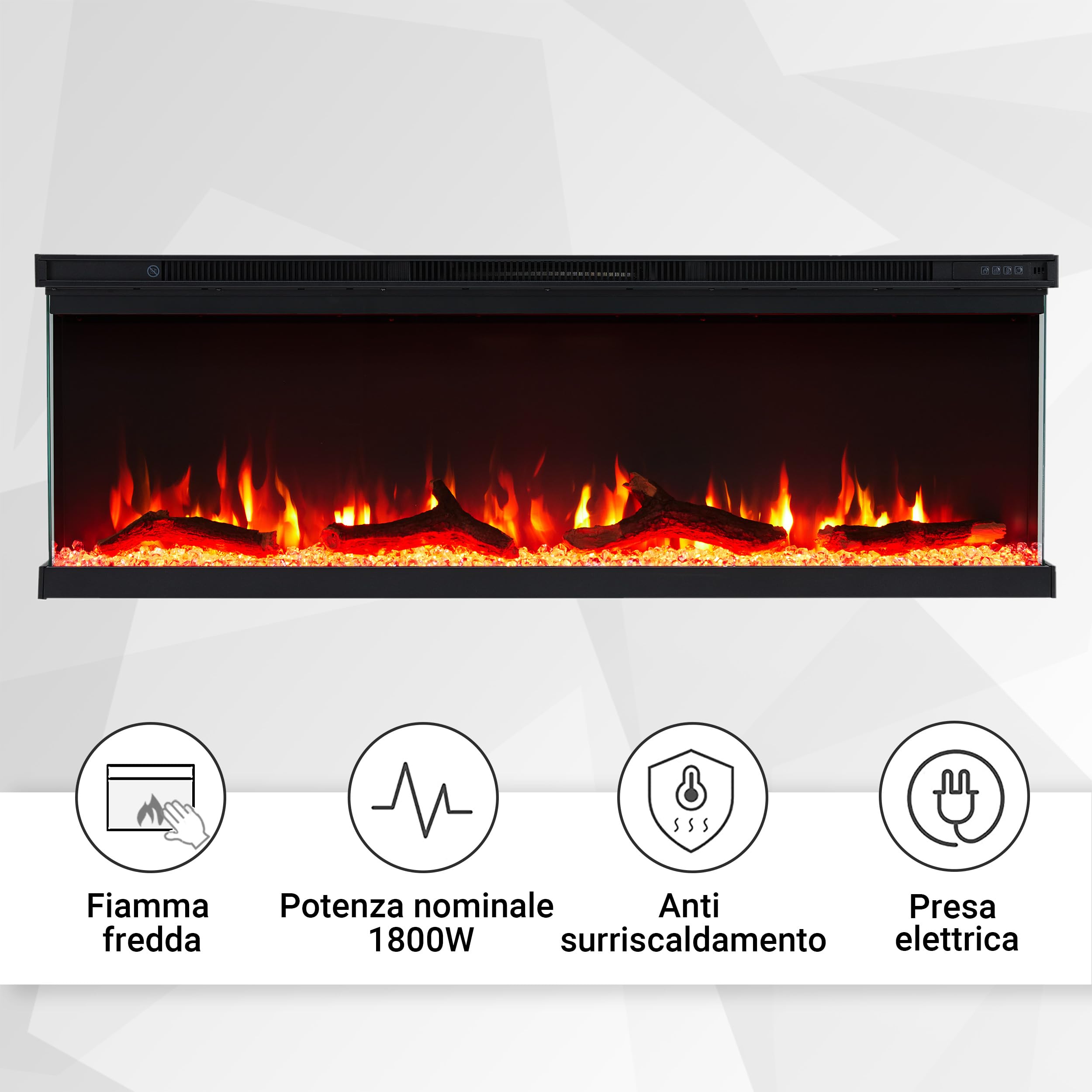 Camino elettrico BALDERIA Orson 50" | Camino elettrico da parete/incasso, effetto fiamma 3D LED, intensità variabile, riscaldamento 1800 W, timer, termostato, telecomando | nero