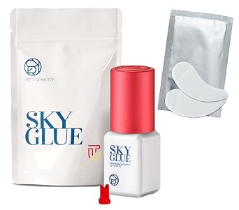 Sky Glue S+ Eyelash Extension Adhesive 5ml with Eye Pad, 1-2s Fast Drying | 6-8 Weeks Lasting Time, Powerful Strong Professional Black Bonding Adhesive for Lash Extensions