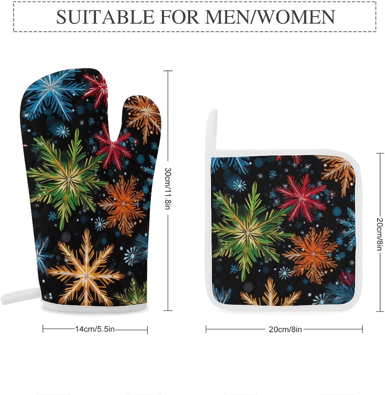 Colorful Snowflakes Pattern 4 Pcs Oven Mitts and Pot Holders Set High Heat Resistant Long Kitchen Oven Glove Potholders