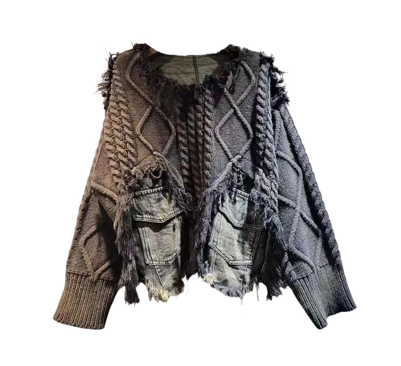 Womens Denim Spliced Pullover - Loose Thin Washed Vintage Autumn Winter Top
