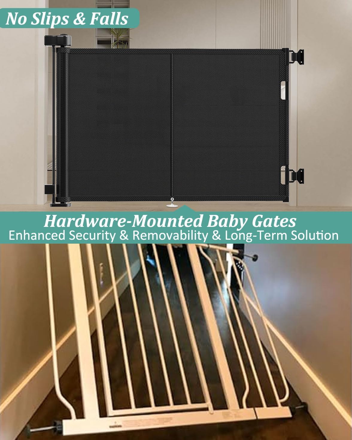 Miumoon 50 inch Retractable Baby Gates 42 inch Tall, Retractable Gate with Reinforced Strip Design to Prevent Crawling Through, Retractable Dog Gate for Stairs, Doorways, Hallways