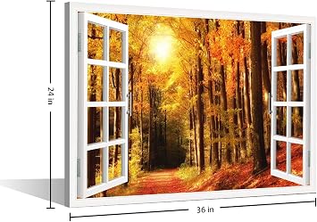 3D Window View Forest Landscape Canvas Art Wall Decor Autumn Natural Scenery Modern Home Decor Canvas Wall Decor for Living Room Bedroom Office Posters Prints Framed Ready to Hang - 36W x 24H