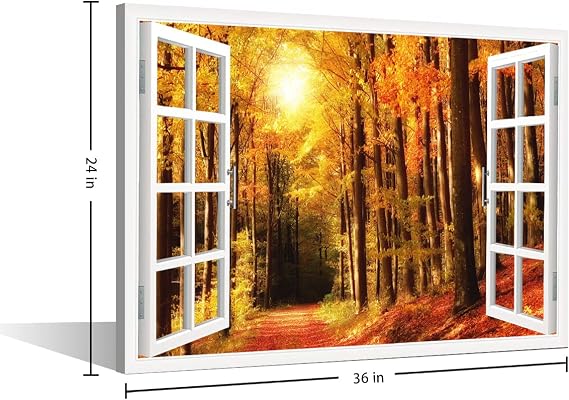 3D Window View Forest Landscape Canvas Art Wall Decor Autumn Natural Scenery Modern Home Decor Canvas Wall Decor for Living Room Bedroom Office Posters Prints Framed Ready to Hang - 36W x 24H
