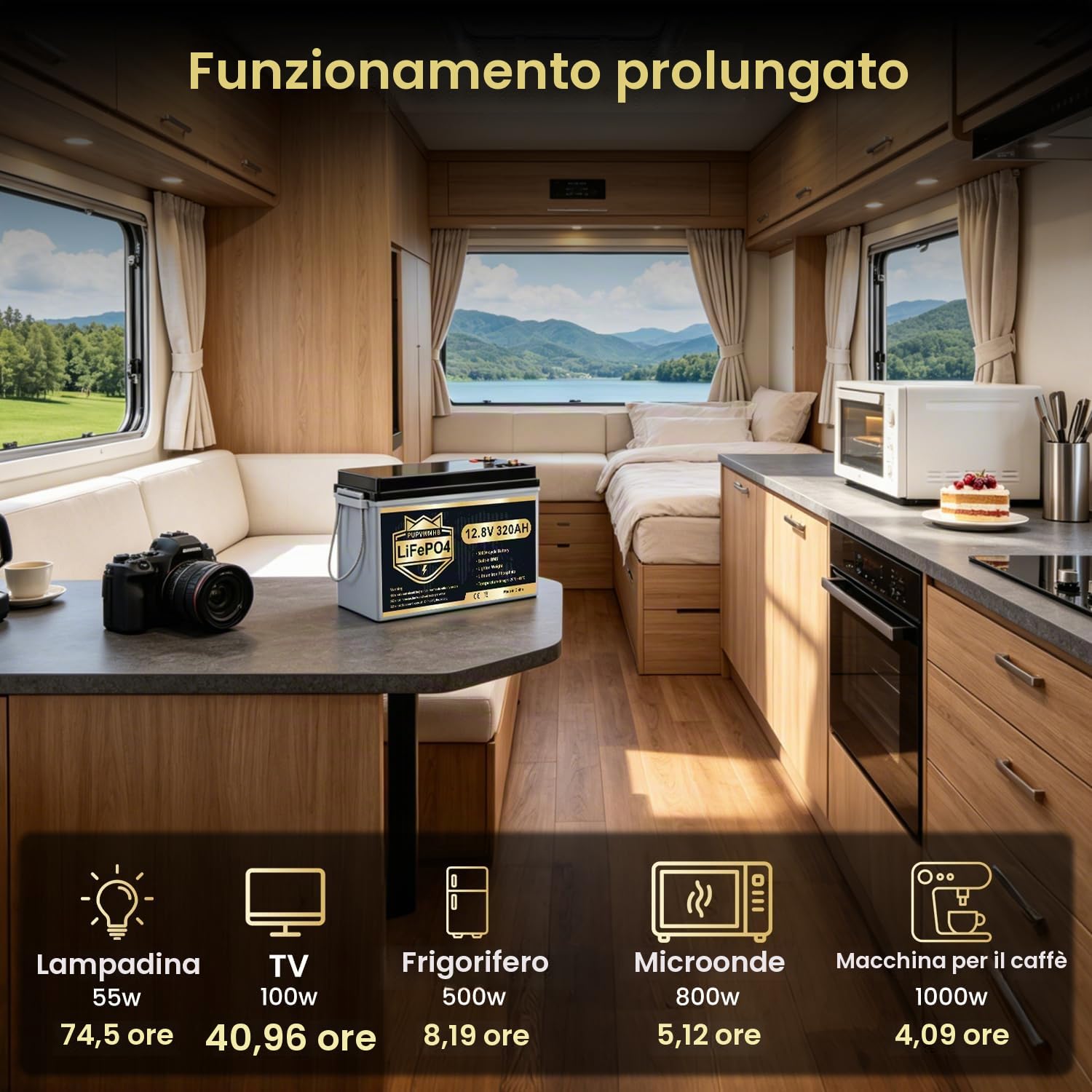 Batteria LiFePO4 12V 320Ah con Bluetooth, BMS 200A, fino a 15000 cicli, max 4096Wh, protezione bassa temperatura, deep cycle, design compatto, per camper, solare, motore elettrico