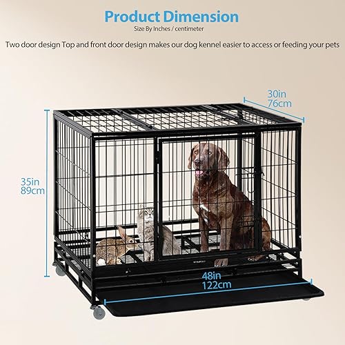 Miniatura 2 de Jaulas resistentes para perros grandes, jaula indestructible de 48 pulgadas para perros de alambre de metal, jaula de doble puerta con ruedas