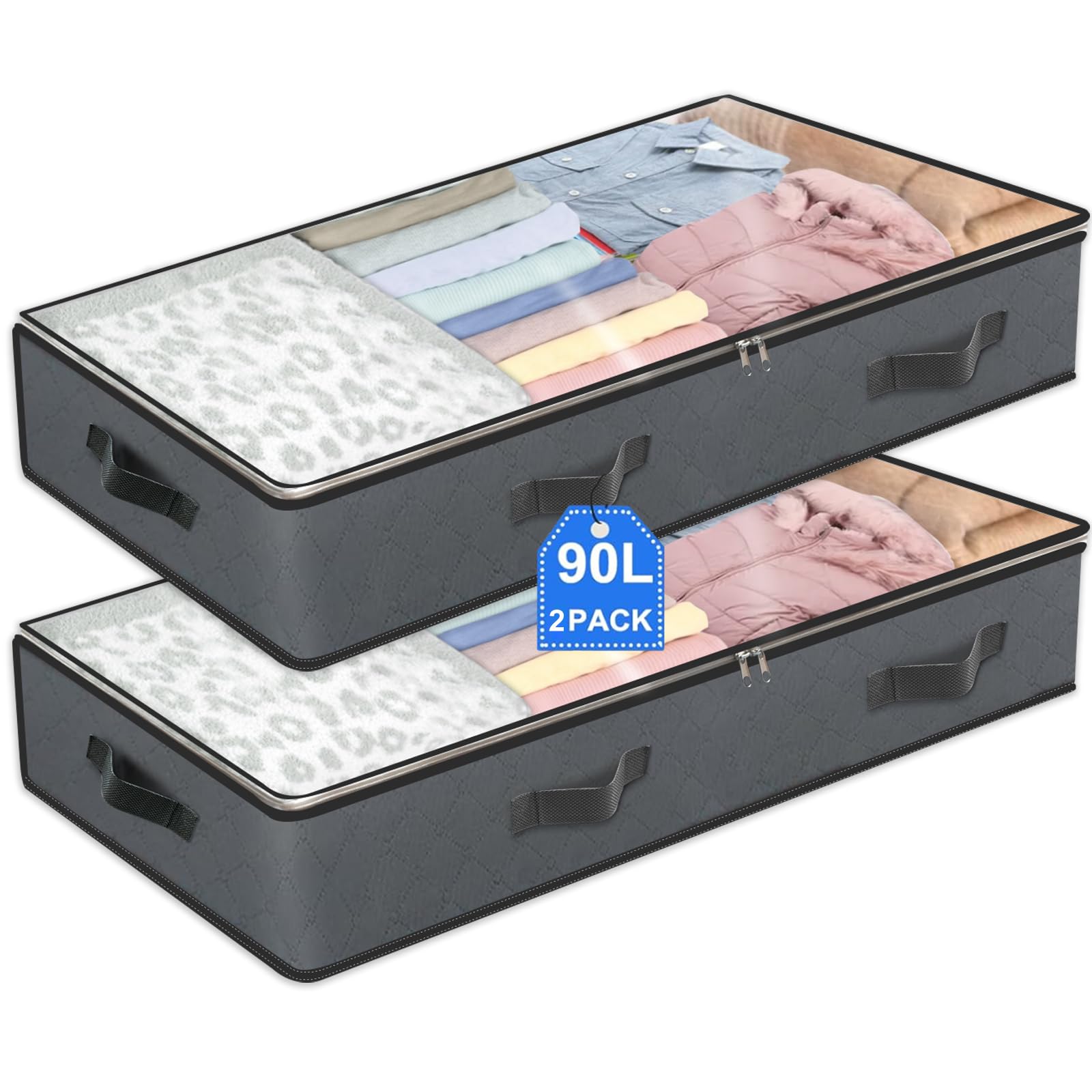 2 Pack Under Bed Storage, 90L Collapsible Closet Containers Organizers and Under Bed Storage Bins, Underbed Storage Bags for Wrapping Paper, Blanket,