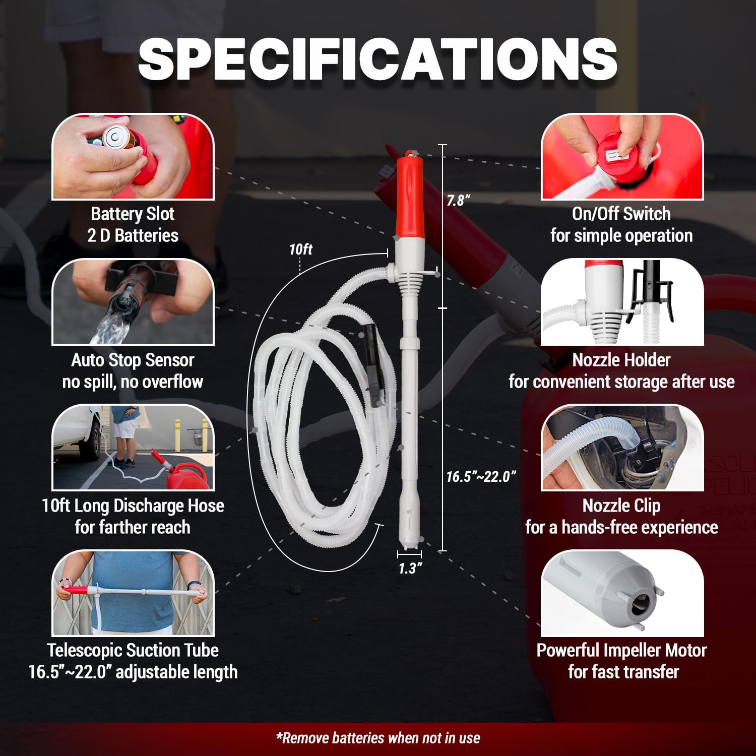 TERA PUMP Automatic Battery Powered Liquid Transfer Pump w/Auto Stop Sensor + 10-FT Extra Long Hose for Water & Fuel - Portable & Compact Hand Fuel Pump, Quick Transfer at 2.2 GPM, Fits All Size Jugs