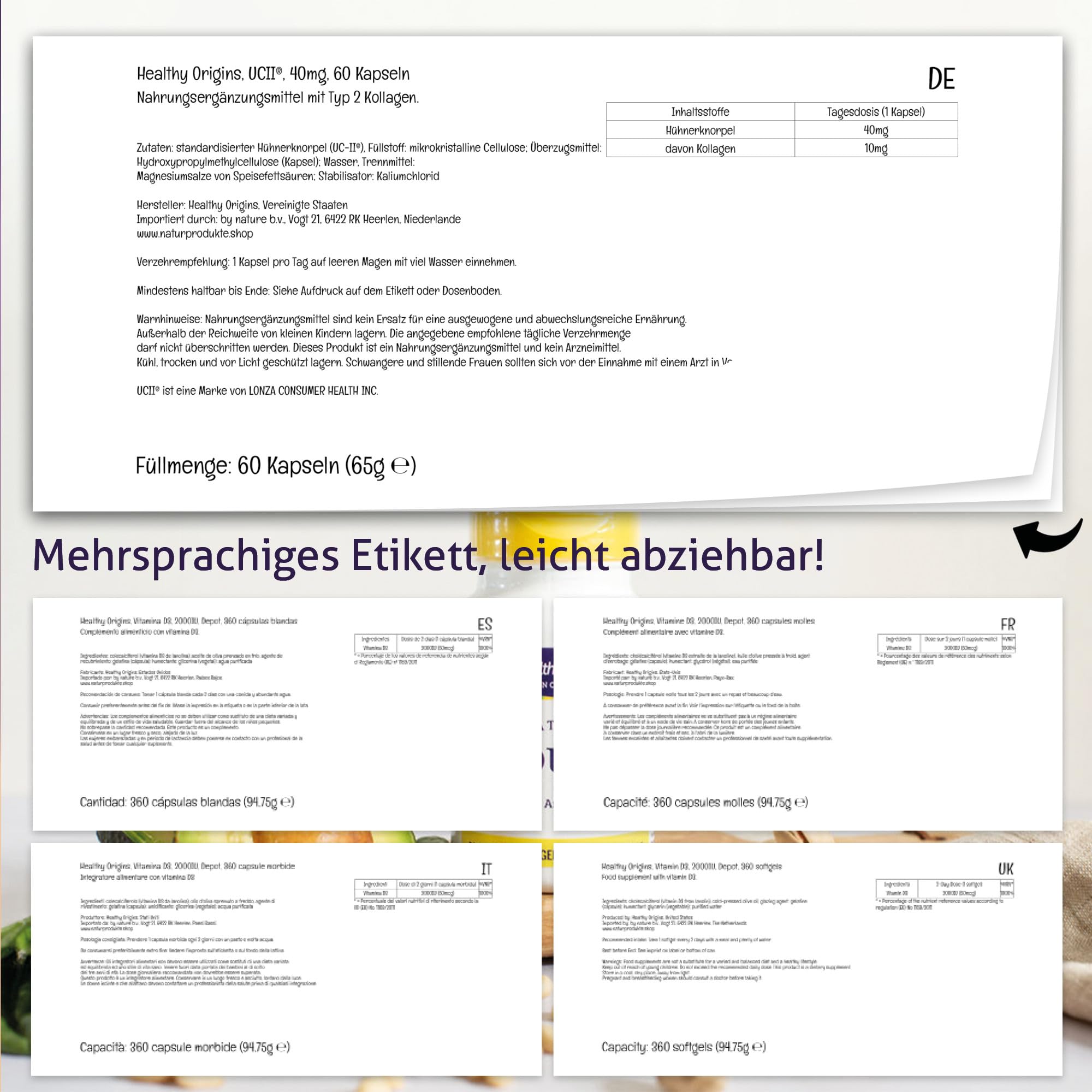 Healthy Origins, Natural UC-II (Natürliches Typ 2 Kollagen), 60 vegetarische Kapseln, 40mg Kollagen je Dosis, Glutenfrei, Sojafrei, GMO frei, Geschmacksneutral