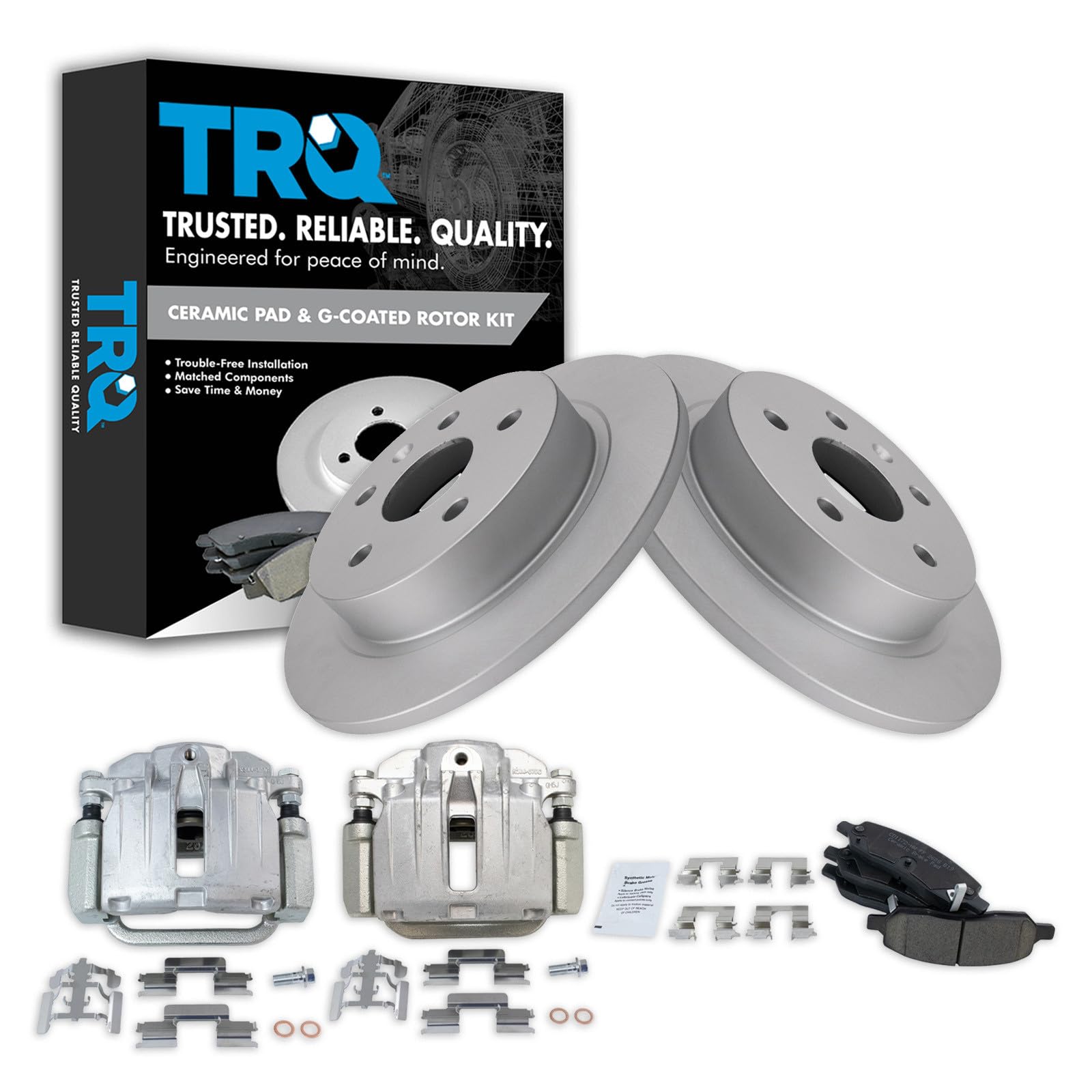 TRQ Rear Brake Pad and Rotor Set Ceramic Solid Rotors Calipers G Coated