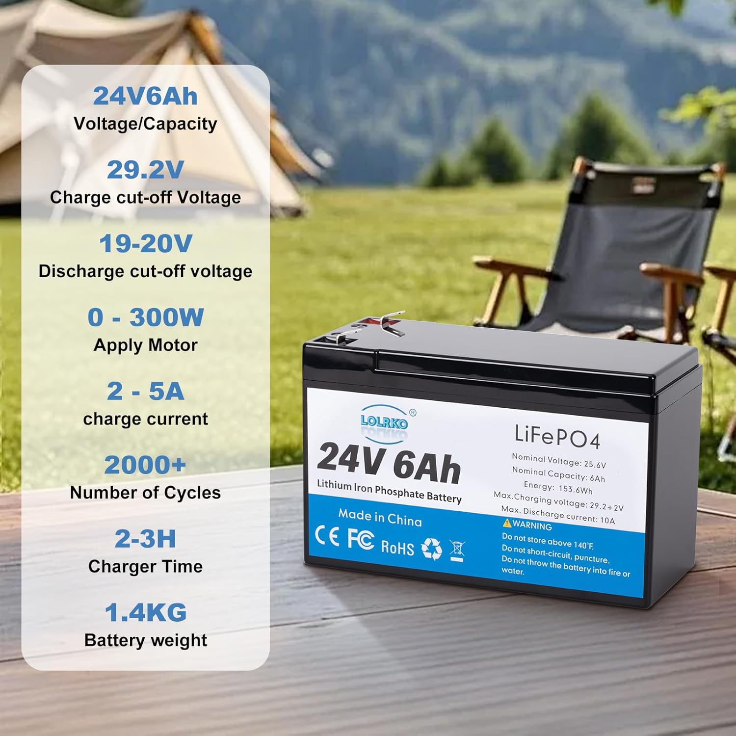 24V LiFePO4 Battery 6Ah, Deep Cycle Lithium Iron Phosphate Battery Pack with Charger, Female Spade Terminal Wire, for DIY Electronics, LED Lighting, and Camping
