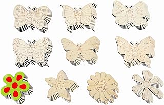 60PCS Natural Wood Butterfly& Flower Hanging Ornaments – Unfinished Wooden Cutouts for DIY Crafts Painting and Decorations (Butterfly & Flowers)