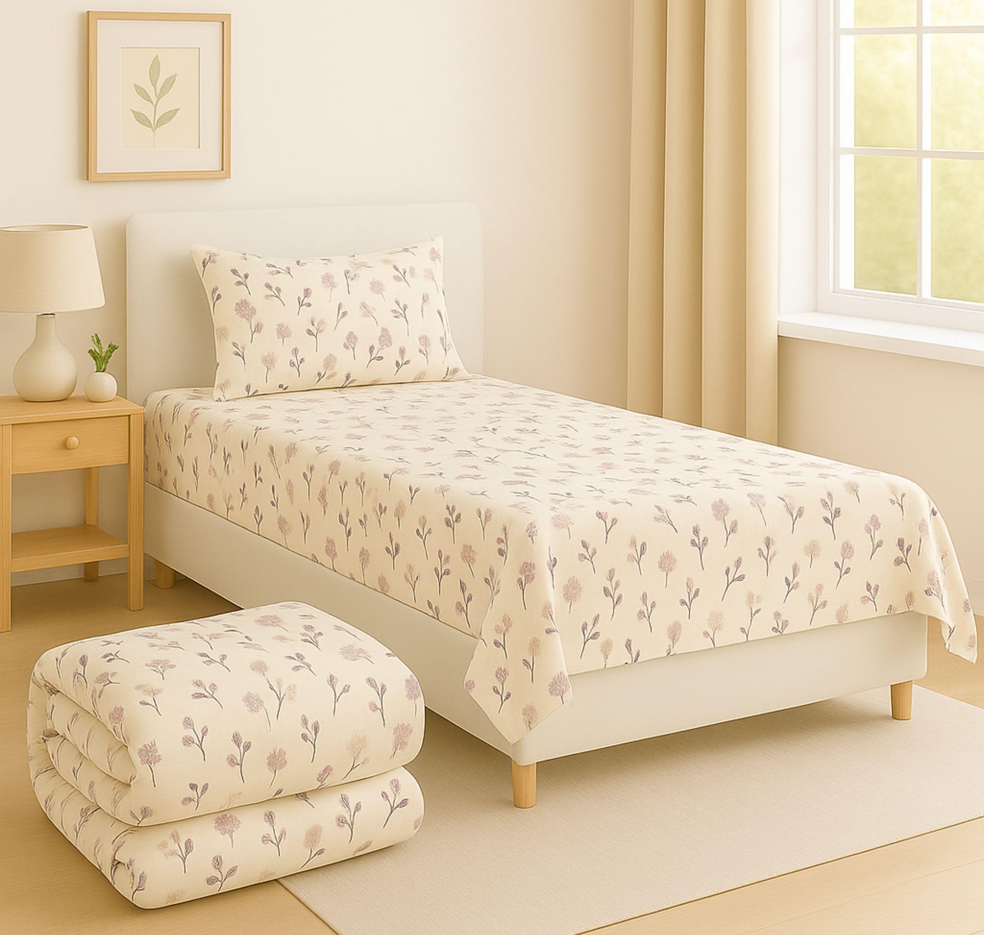 VAS COLLECTIONS 3 Piece Bedding Set – Single Bed Sheet with 1 Pillow Cover & 1 Matching Comforter | Lightweight, Durable & Cozy | Ideal for Everyday Use & Mild Winter (Off White & Purple)-image-16