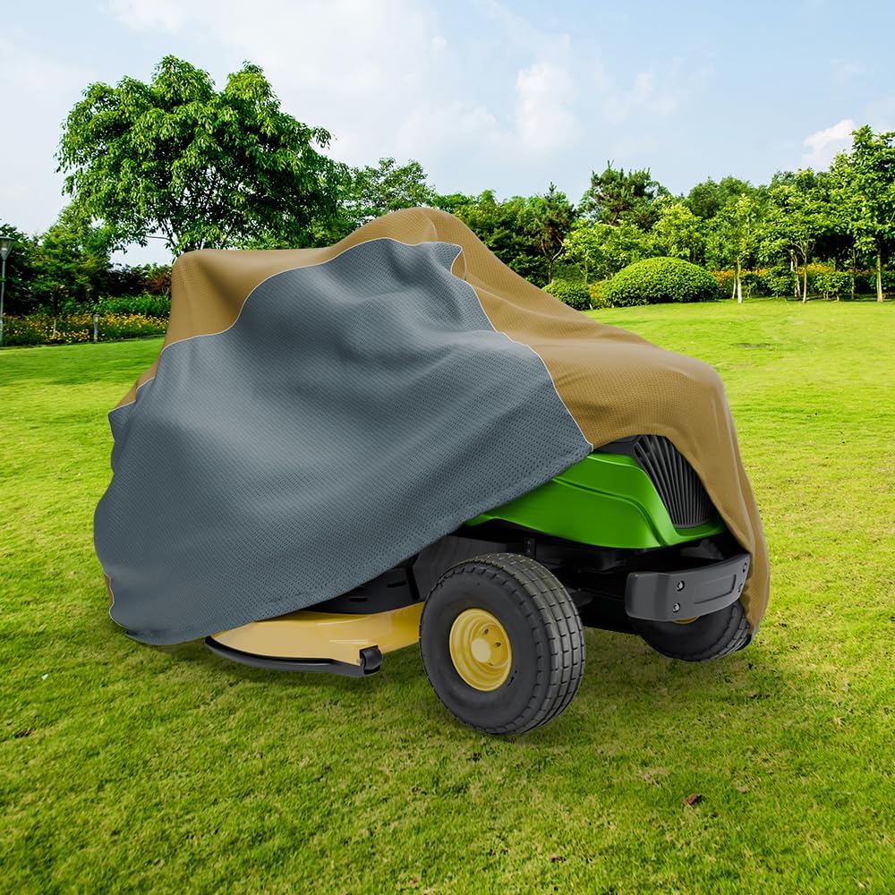Covers & all Riding Lawn Mower Cover, Water, UV & Weather Resistant, with Elastic Push Clip Closure & Storage Bag (72"L x 54"W x 46"H, Beige & Gray Dual Tone)