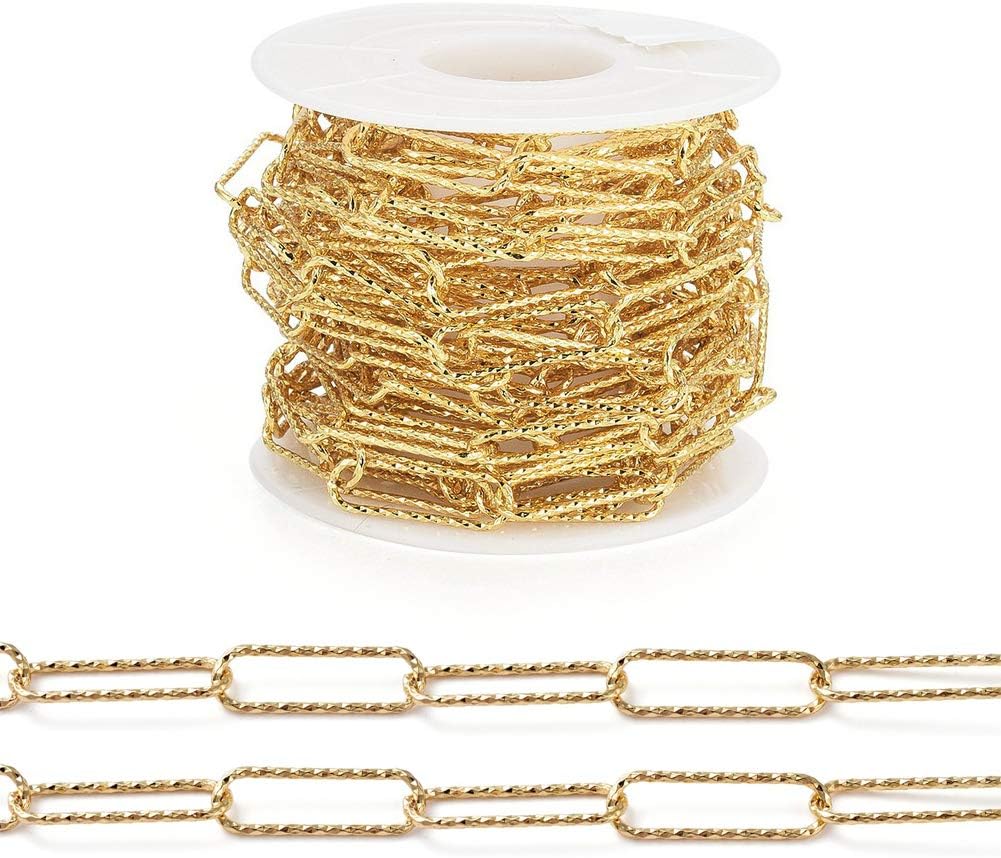 Paperclip Chains Cheriswelry 16Feet 18k Gold Plated Cable Chains Necklace Chain Textured Drawn Elongated Chains Oval Bracelet Chains Links 20x6mm for DIY Women Jewelry Making Findings