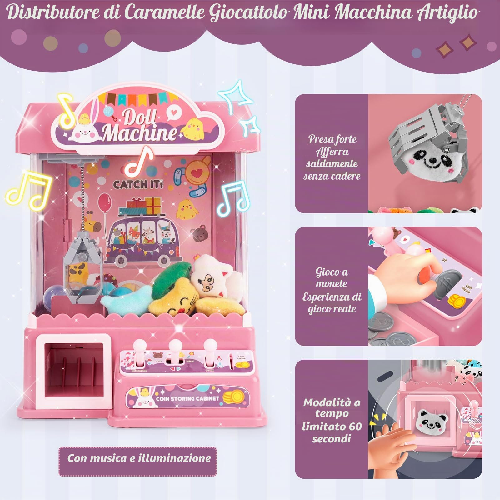 Mini Macchina per Artigli Grabber Caramelle Machine con 10 Bambole 10 Palline 20 Valuta di Gioco,elettrica luci e Suoni interattivi Claw Machine