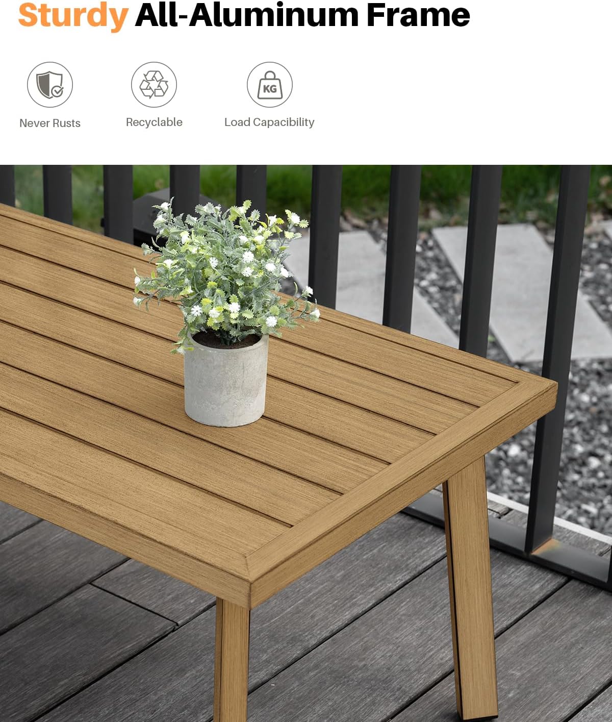Patio Coffee Table, Never-Rust Aluminum Outdoor Coffee Table with Wood Grain Texture, Modern Rectangle Garden Coffee Table with Slatted Tabletop for Porch, Decks, Indoor, Balcony, Teak | Never-Rust, Wood Grain Texture, Slatted Tabletop