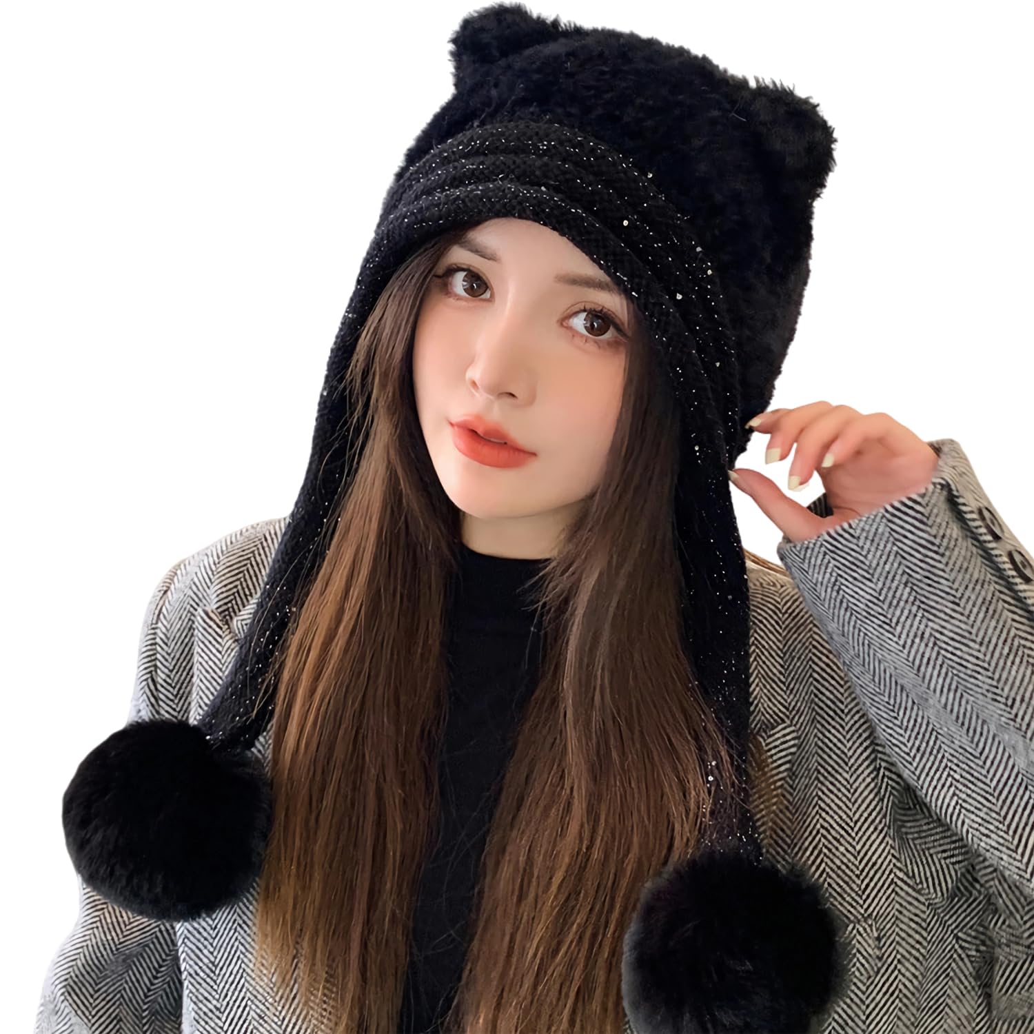 HUAMULAN Women Winter Sherpa Knit Beanie Hats with Pom Poms Ear Flaps