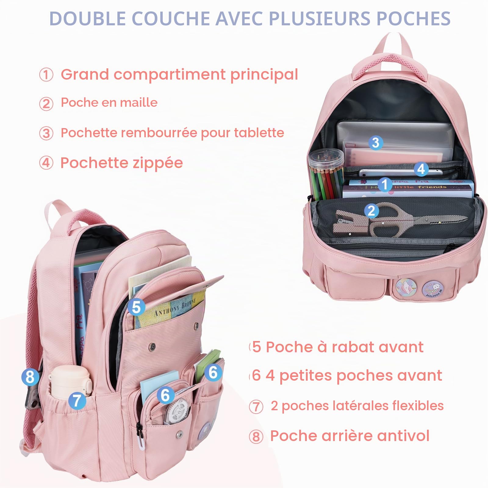 VASCHY Cartable Fille Primaire, Sac à Dos 18 L Léger Multi-poches Rose