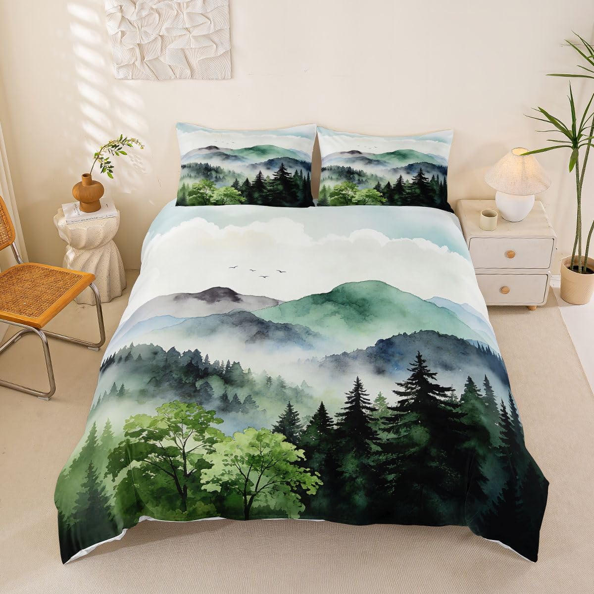 Homemissing Pine Tree Duvet Cover Set Cot Size for Kids Boys Girls Woodland Nature Bedding Set Misty Mountain Duvet Cover with 1 Pillowcase Watercolor Landscape Bedding